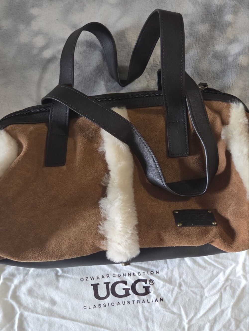 UGG Brown Suede Shearling-Trim Shoulder Bag with Black Handles